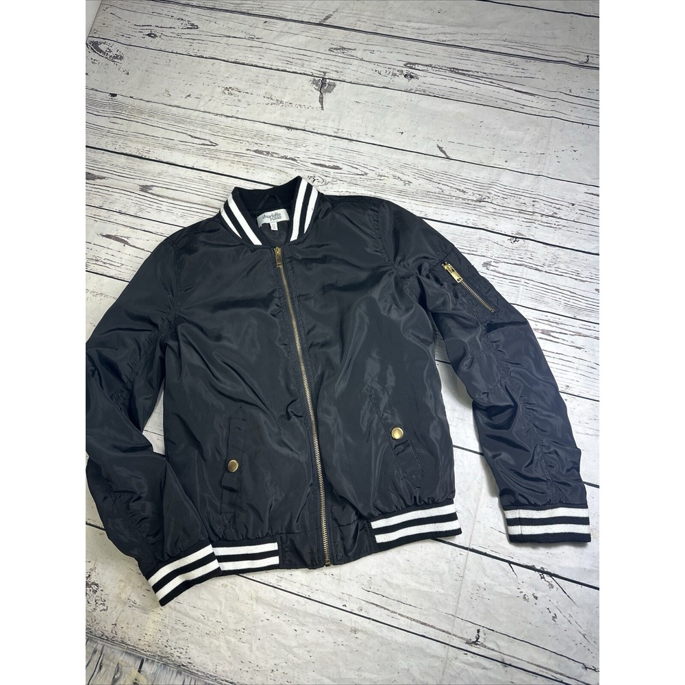 Charlotte Russe Womens XSmall Full Zip Black Windbreaker Jacket White Stripes